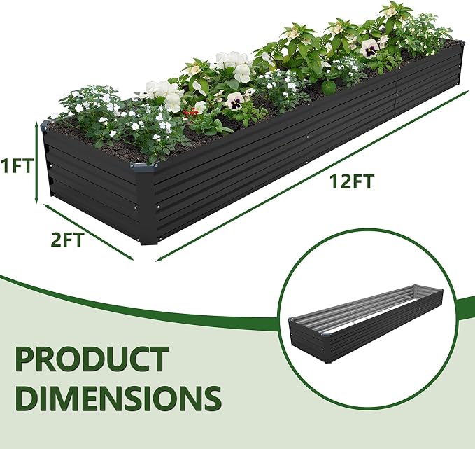 2PCS 12x2x1ft Galvanized Raised Garden Bed Kit,Gardening Planter Box | Outdoor Elevated Metal Planter Box For Vegetables, Flowers, Herbs, Anti-Rust Galvanized Steel, Open Drainage, Sturdy (Black)