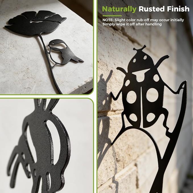 4-Pack Metal Yard Stakes for Outdoor, Black Bird Bee Butterfly Ladybug Set | Rust-Resistant Metal, Black Silhouette, Cute Insect Shapes, For Yard Flower Bed Planters Patio Lawn, Outdoor & Indoor Decor