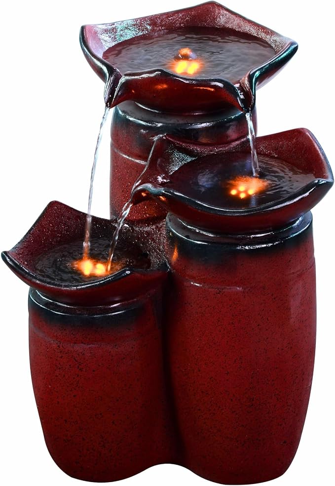 Teamson Home 3 Tiered Floor Water Glazed Pots Fountain with LED Lights and Pump for Outdoor Patio Garden Backyard Decking Décor, 20 inch Height, Gradient Red | Glazed Pots, LED Lights, Pump Included, Outdoor Patio Garden Backyard Decking Décor