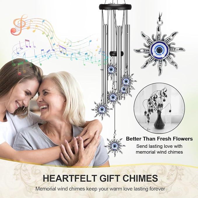 Virekm Windchimes Outdoors,Wind Chimes for Outside Clearance, Wind Chime with Natural Sounds, Outdoor/Indoor Decorations for Patio, Porch, Backyard and Garden Decor (Sun Evil Eyes)