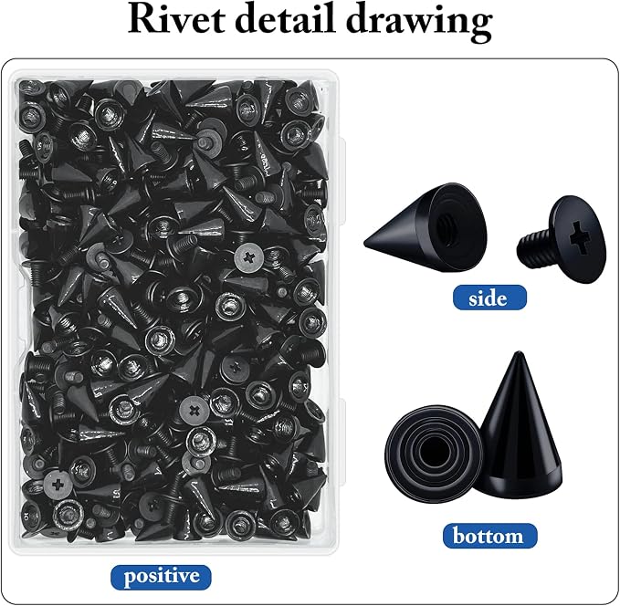 200 Sets 9.5mm Cone Spikes Metal Tree Spikes Screwback Studs for DIY Leathercraft Decoration Punk Rock Style Clothing Accessories (Black)
