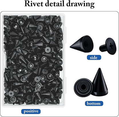 200 Sets 9.5mm Cone Spikes Metal Tree Spikes Screwback Studs for DIY Leathercraft Decoration Punk Rock Style Clothing Accessories (Black)