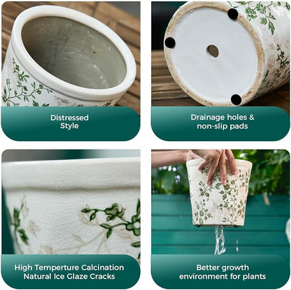 Teweiqi Ceramic Planter with Drainage Hole, Plastic Tray & Mesh, 6 Inch - Indoor/Outdoor Flower Pot for Orchids, Succulents, Green Floral Modern Farmhouse Décor for Home,Office and Garden, Ideal Gift