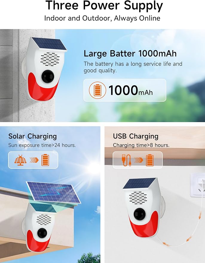 PILSAMAS Solar Motion Sensor Alarm with Custom Voice Upload - 120dB Loud Noise Maker & Strobe Lights, Remote Control, IP65 Waterproof for Deer/Bear Deterrent, Chicken Coop Security, Pool Safety Alerts