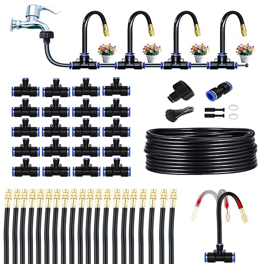 65FT 360° Adjustable Drip Irrigation System for Garden | 1/2'' Irrigation Tubing with 20 Nozzles, Automatic Watering Misting System, Drip Irrigation Kit for Greenhouse, Lawn, Plant