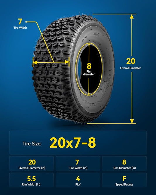 PHILTOP 20x7-8 Lawn Mower Tires, 4-Ply Super Mud 20x7-8 ATV Tires for Riding Mowers, Golf Carts,2 Pcs,Tubeless (Z-106)