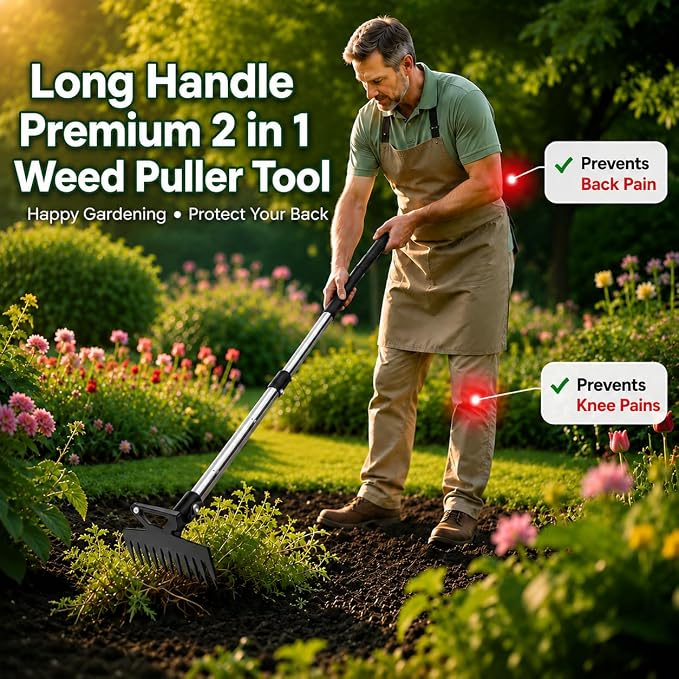 Premium 59" Long Handle 2-in-1 Weeding Tools for Garden, Patio & Path - Wheel Hoe & Rake, 11-Tine Stand Up Weed Puller, Heavy Duty Hand Weeder & Cultivator for Grass, Grandpas Fathers Dad Gift