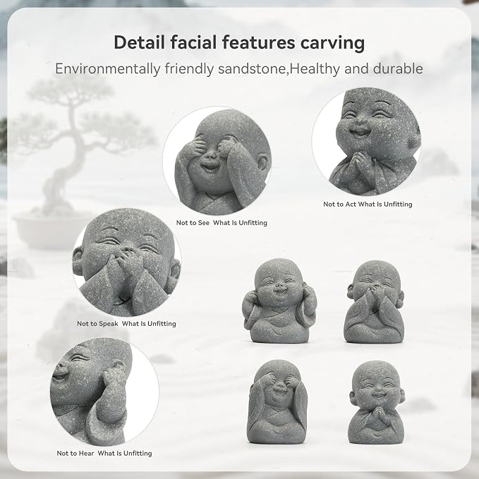 4Pcs Mini Monk Buddha Statues, See Hear Speak Think No Evil Mini Monk Decor, Handcrafted Sandstone Resin Zen Statues for Home Office Desk Car Dashboard, Feng Shui Spiritual Gifts for Peace & Calm