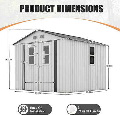 PVWIIK 8x8 ft Metal Outdoor Storage Shed with 4 Window, Lockable Waterproof All-Weather Utility Shed for Garden Tools & Trash Bins, White