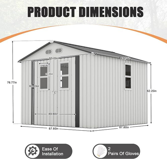 PVWIIK 8x8 ft Metal Outdoor Storage Shed with 4 Window, Lockable Waterproof All-Weather Utility Shed for Garden Tools & Trash Bins, White