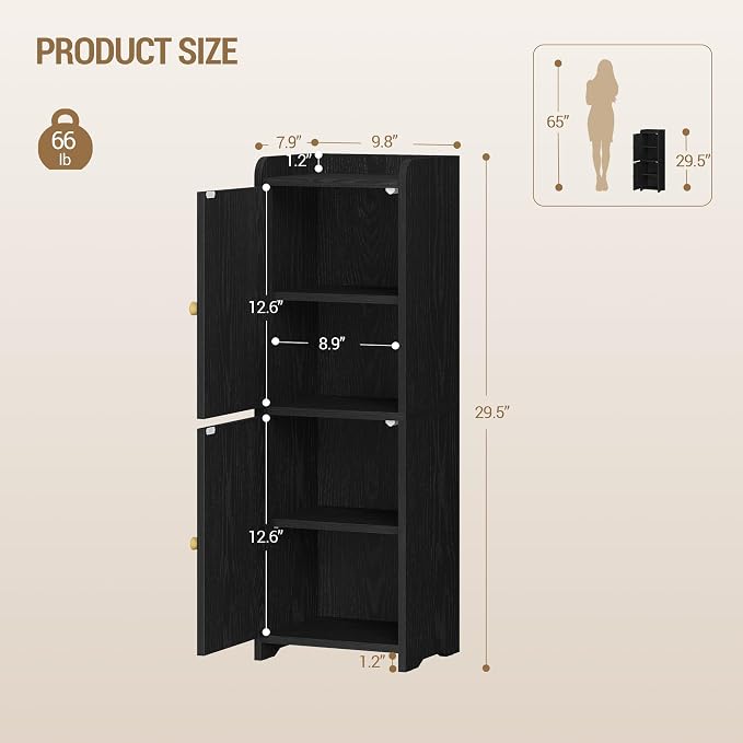 Hzuaneri Bathroom Storage Cabinet, Small Corner Floor Cabinet with 2 Doors and Adjustable Shelf, Narrow Toilet Paper Cabinets, Bathroom Organizer for Small Spaces, 7.9" D x 9.8" W x 29.5" Rattan Black