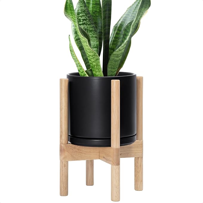 D'vine Dev Ceramic Planter with Natural Stand - 8 Inch Modern Round Flower Pot with Wood Planter Holder, Black, 55-B-N-2