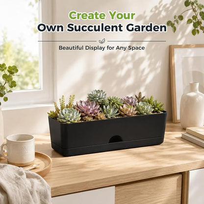 6 Pack Rectangle Planter 16x4.4 Inch Window Boxes Planters Rectangular Window Sill Planters Indoor Self Watering Plant Pots with Drainage Holes and Saucers Succulent Herb Flower Pots, Black