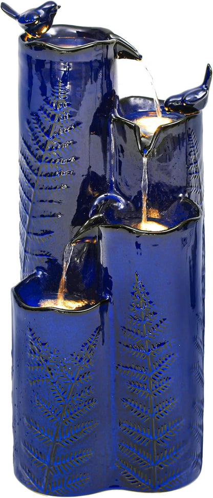 Autodaya 32" H Ceramic Outdoor Water Fountain with LED Lights, 4-Tier Vase | Cascading Waterfall with Cobalt Blue Glaze, Fern-Texture, Upgraded Pump, Bird Water Feature for Garden Patio Yard Porch Decor