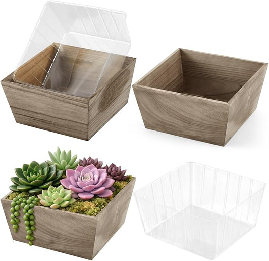 Dandat 2 Set Wooden Centerpiece Box for Wedding Table Decor 8 Inch Rustic Wood Planter Box with Removable Plastic Liner Flower Boxes for Party Wedding Baby Shower Home Garden Decor(Brown)