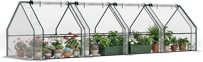 Outsunny 12' x 3' x 3'Mini Greenhouse with Zippered Doors & Roll-up Windows, Portable Plant Hot House with PVC Cover, Water Resistant, UV Protected for Outdoor Flowers, Vegetables, Clear