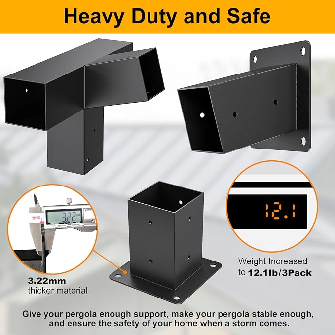 Heavy Duty 15°Slanted Roof Wall Mount 4x4 Pergola Bracket Kit,TROPTOLKY Angled 4x4 Wood Post Bracket,DIY Pergola Gazebo Kit 4-Way(3PCS)