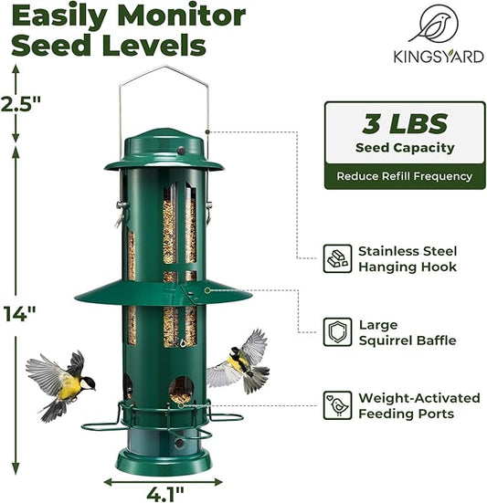 Kingsyard Squirrel Proof Bird Feeders with Weight-Activated Perches, Metal Wild Bird Feeder for Outdoors Hanging, 3 lb Large Seed Capacity, Green