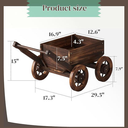 Wooden Flower Cart with Wheels Wooden Wagon Planter Trolley Decoration Succulent Flower Pot, Outdoor Garden Planter Decor Planter for Patio Balcony Indoor Backyard Balcon Decor Cart（Small）