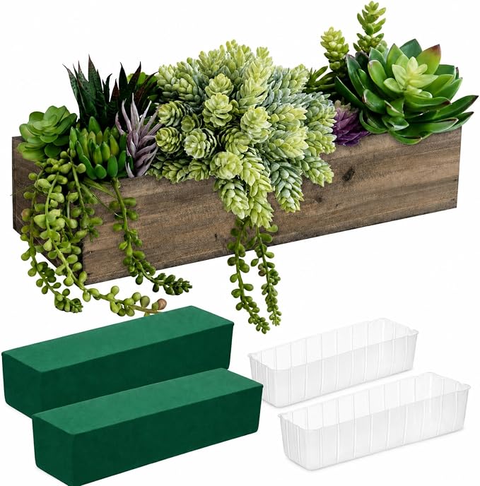Dandat 2 Set Wood Boxes for Centerpieces 12x4 Inch Rectangle Wooden Planter Box Rustic Wooden Planters with Removable Plastic Liner Floral Foam Blocks for Christmas Wedding Garden Decor(Brown)