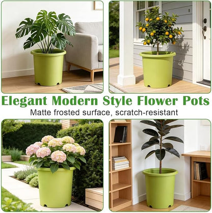 4-Pack 16 inch Large Deep Planters for Outdoor Plants -Light Green Plastic Plant Pots with Drainage Holes & Elevated Base for Root Aeration, 10-Gallon Heavy-Duty Garden Flower Pots, 16"W× 15"H