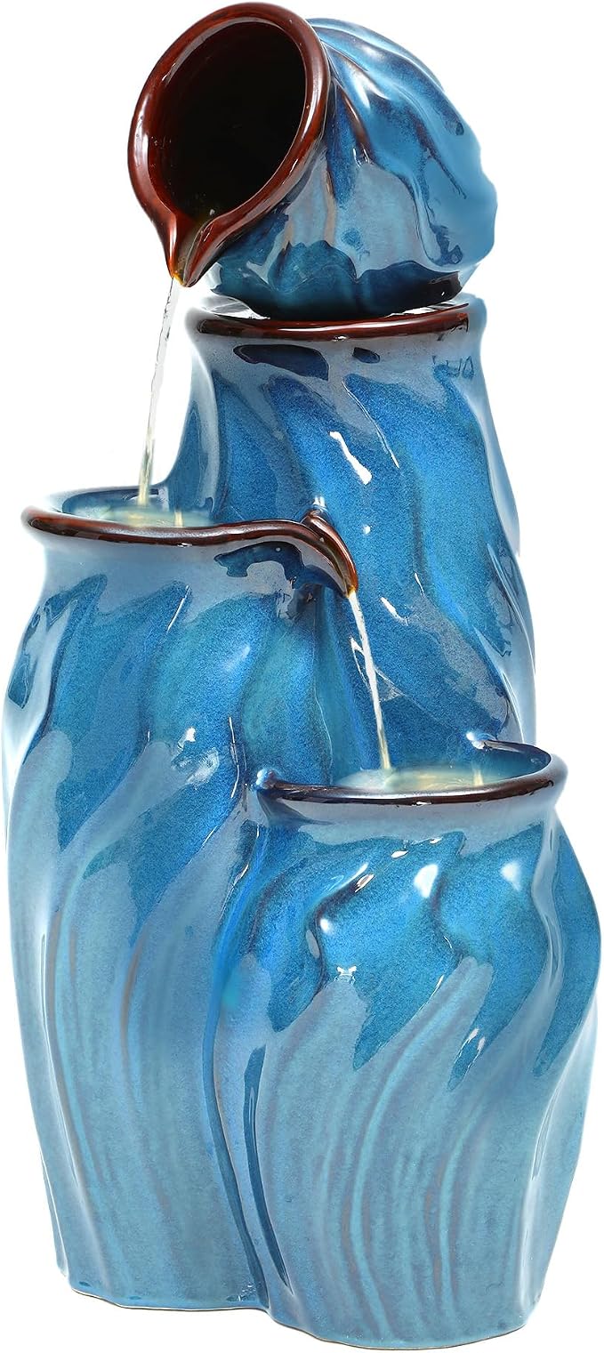 29" Outdoor Water Fountain, Stacked Pots Ceramic Outdoor Fountain | 4-Tier Waterfalls for Garden, Patio, Yard, or Porch Decor, Creating Relaxing Serene Oasis, Dynamic Wave-Texture, Turquoise