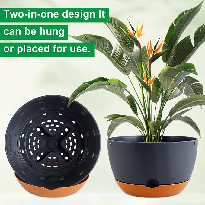 Nooulap 12/10/8/8 Inch Pots for Plants, 4 Pack Large Self Watering Pots for Indoor Plants with Drainage and Saucers, Plastic Outdoor Flower Pot(Grey)