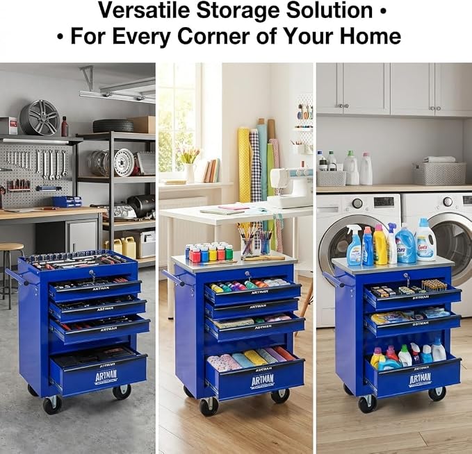 5-Drawer Rolling Tool Chest, Lockable Stainless Worktop for Garage,Blue | Heavy Duty Metal Tool Cabinet with Drawers on Wheels for Warehouse and Workshop Storage