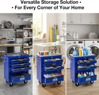 5-Drawer Rolling Tool Chest, Lockable Stainless Worktop for Garage,Blue | Heavy Duty Metal Tool Cabinet with Drawers on Wheels for Warehouse and Workshop Storage