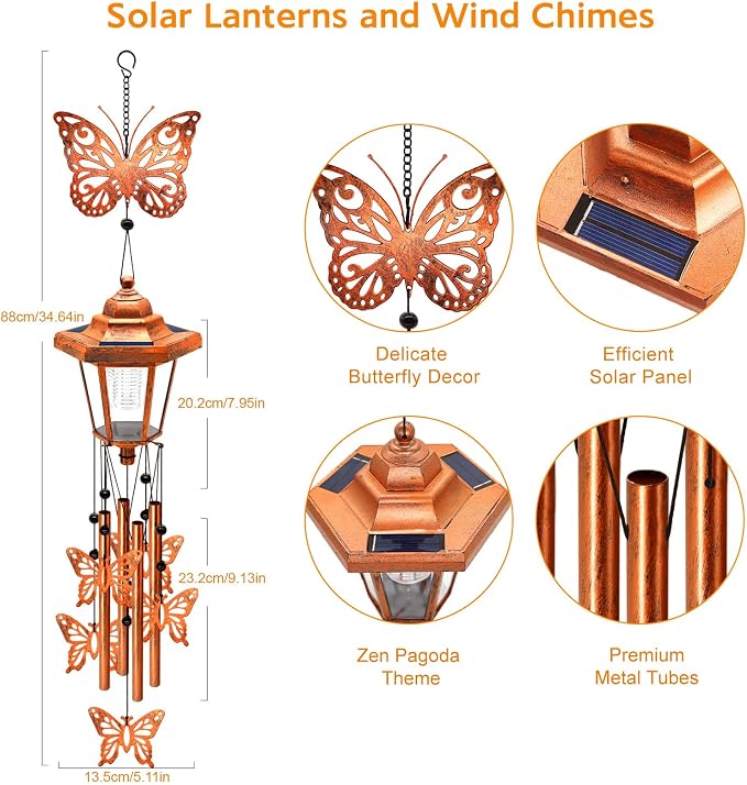 Butterfly Solar Wind Chimes for Outside, Birthday Gifts for Mom Women Grandma Mother's Day Memorial, 34-Inch Windchimes with Wind Spinner, Outdoor Hanging Solar Lights Waterproof Yard Garden Decor
