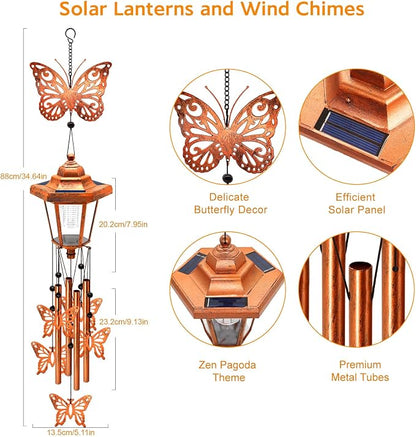 Butterfly Solar Wind Chimes for Outside, Birthday Gifts for Mom Women Grandma Mother's Day Memorial, 34-Inch Windchimes with Wind Spinner, Outdoor Hanging Solar Lights Waterproof Yard Garden Decor