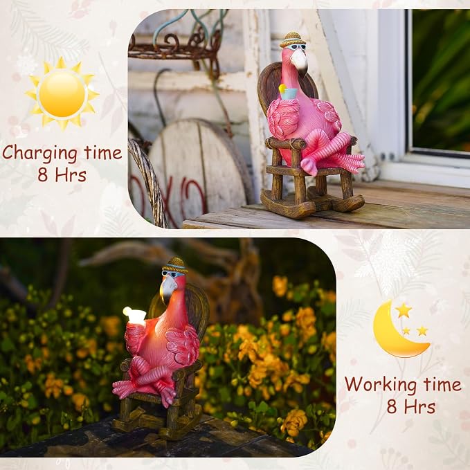 Solar Flamingo Statue for Outdoor Garden Decor - Resin Flamingo Fairy Garden Decor - Suitable for Home Desk Garden Lawn Patio Porch Decor, Unique Gifts for Mom Grandma (8.1 inch)