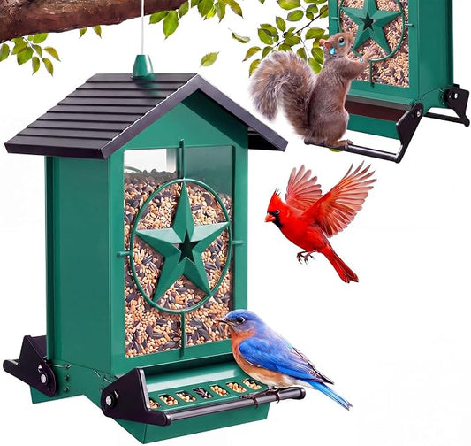 Squirrel Proof Bird Feeders for Outdoors with Weight-Activated, Metal 5LB Large Wild Bird Feeders for Cardinals,Blue Jay,Finch, Weatherproof Durable Hanging Bird Feeder for Backyard,Garden (Blue)