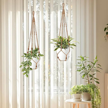 LEWESU Jute Macrame Plant Hanger Indoor Set of 4 Hanging Planter Basket Flower Pot Holder with Decorative Wood Beads & No Tassels for Indoor Outdoor Boho Home Decor, 35 Inch Brown (Pots Not Included)