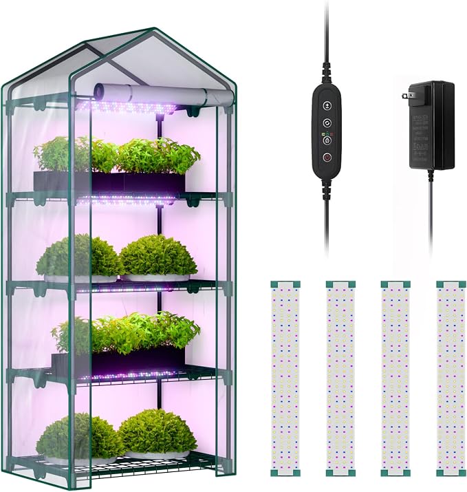 Indoor Greenhouse with Grow Lights, 4 Tier 27" L×19" W×62" H Mini Greenhouse with Zippered PVC Cover for Seed Starting Trays, Dimmable 2FT 60W Plant Light for Indoor Plants with Timer