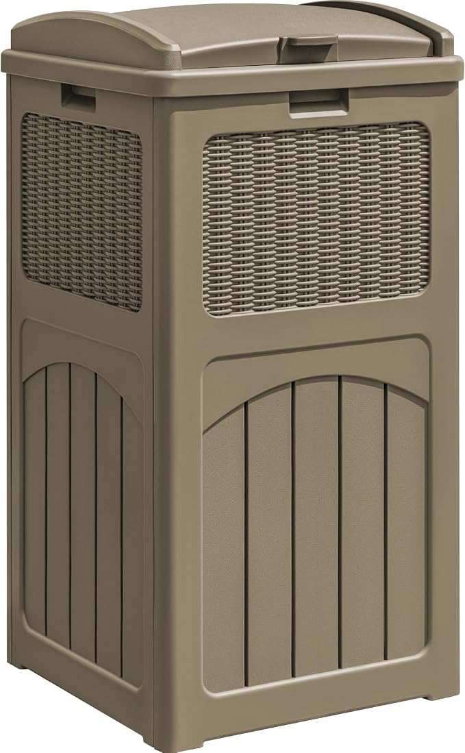Greesum 33 Package Delivery Box for Outside, Patio Waterproof Resin Garbage Bin with Lid for Hideaway, Deck, Patio, Light Coffee