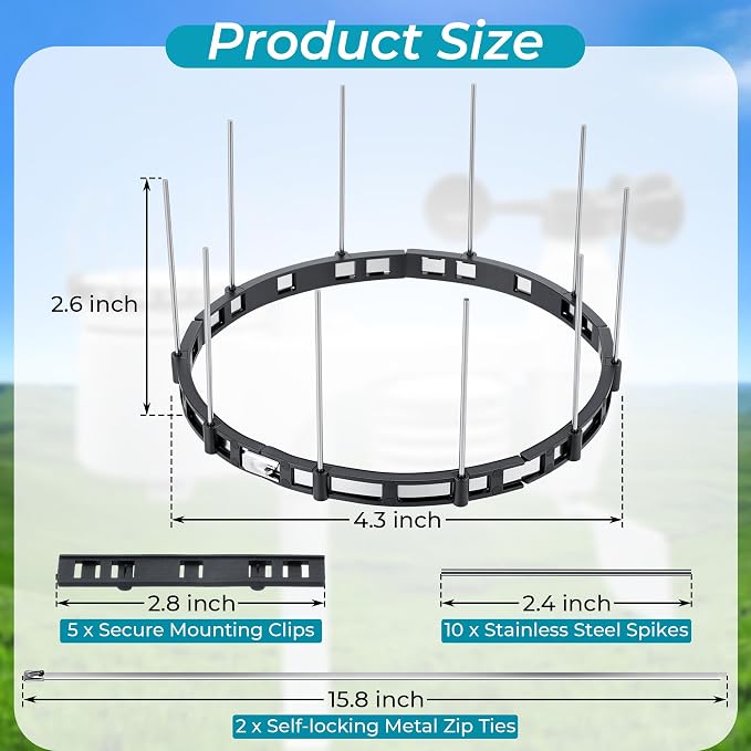 Bird Spikes Compatible with Ambient Weather WS-7078 & WS-7079, Adjustable Weather Station Bird Spike Kit with Stainless Steel Locking Ties and Wires for Rain Gauge Funnel Protection