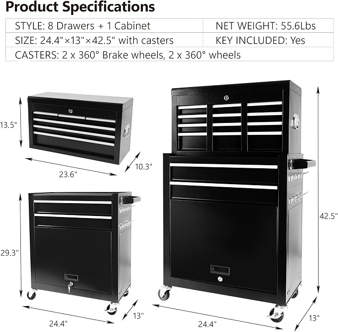 Rolling Tool Chest, 8-Drawer Rolling Tool Chest with Wheels, Large Tool Cabinet with Drawers, Mobile Steel Tool Storage Organizer with Lock&Liner for Warehouse, Workshop