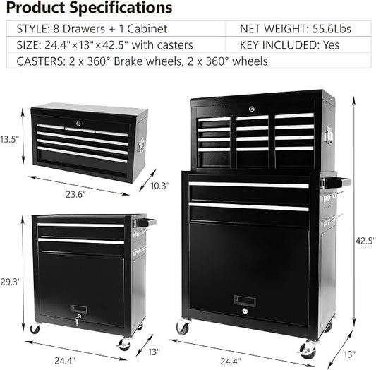 Rolling Tool Chest, 8-Drawer Rolling Tool Chest with Wheels, Large Tool Cabinet with Drawers, Mobile Steel Tool Storage Organizer with Lock&Liner for Warehouse, Workshop