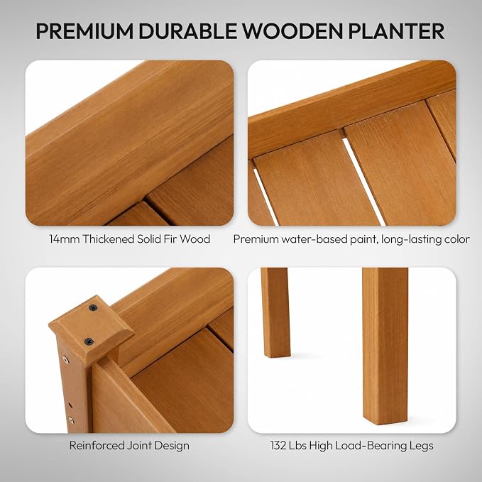 VINGLI 48"x24"x30" Elevated Raised Garden Bed with Bed Liner, Heavy Duty Wood Planter with Legs for Vegetables Fruits Potato Flower, Outdoor Sturdy Long Lasting Planter Box (Brown - no Wheel)