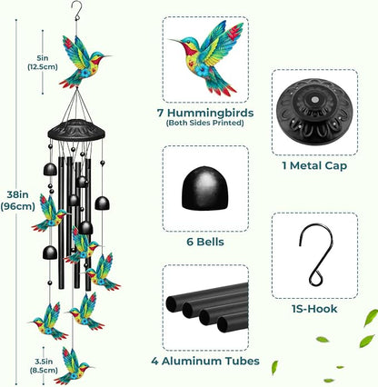 Hummingbird Wind Chime for Outside, Black Metal 38'' Wind Chimes with 4 Aluminum Tubes & 6 Wind Bell for Garden/Yard/Patio Outdoor Decor, Memorial/Housewarming/Birthday/Festival/Woman Gifts