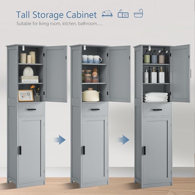 usikey 67“ Tall Bathroom Cabinet, Storage Cabinet with 4 Shelves & 2 Doors, Narrow Storage Cabinet for Bathroom, Living Room, Home Office, Greige