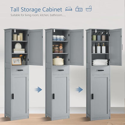 usikey 67“ Tall Bathroom Cabinet, Storage Cabinet with 4 Shelves & 2 Doors, Narrow Storage Cabinet for Bathroom, Living Room, Home Office, Greige