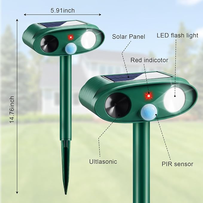 4Pcs Sonic Fortress Pro Deer Repellent Device,Solar Animal Repeller Outdoor | Motion Activated Cat Deterrent Racoon Squirrel Fortress Pro with Strobe Light,USB Charging Skunk Repellent for Yard Garden