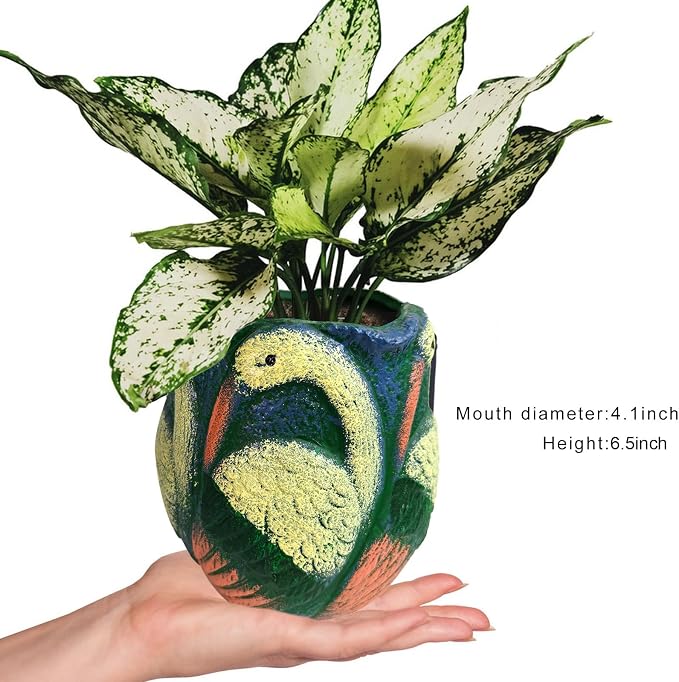 6.5 inch Green Ceramic Flower Pot with Bird Patterns,Indoor Outdoor Planter for Succulents Plants, Modern Home Garden Decor