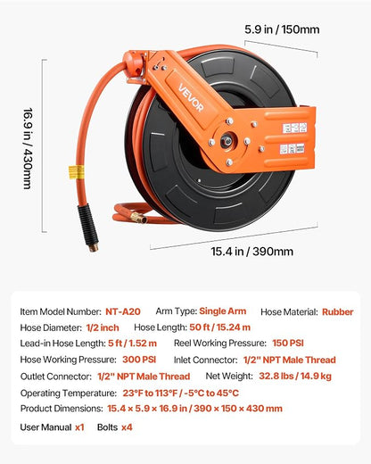 VEVOR Retractable Air Hose Reel, 1/2 Inch x 50 FT Rubber Air Hose Max 300PSI, Auto Rewind Air-Compressor Hoses Reel with 5 ft Lead in, Ceiling/Wall Mount for Garage Workshops
