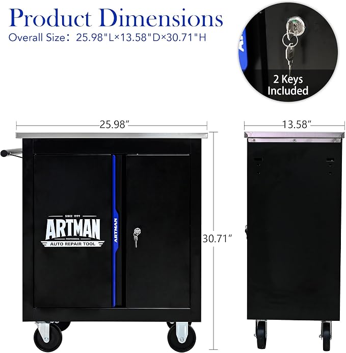 Heavy Duty Rolling Tool Chest,Lockable Stainless Top for Garage,Black&Blue | Mobile Workbench with Adjustable Shelf, Roll Around Tool Cabinet for Workshops and Auto Repair
