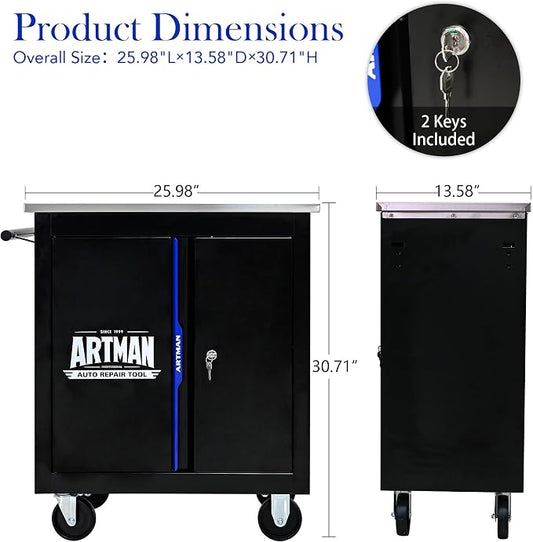 Heavy Duty Rolling Tool Chest,Lockable Stainless Top for Garage,Black&Blue | Mobile Workbench with Adjustable Shelf, Roll Around Tool Cabinet for Workshops and Auto Repair