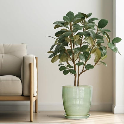 Ceramic Planter - 10 Inch Plant Pot for Indoor Outdoor with Drainage Hole and Plant Tray, Modern Round Home Office Patio Room Decor, House Warming Gifts, Green