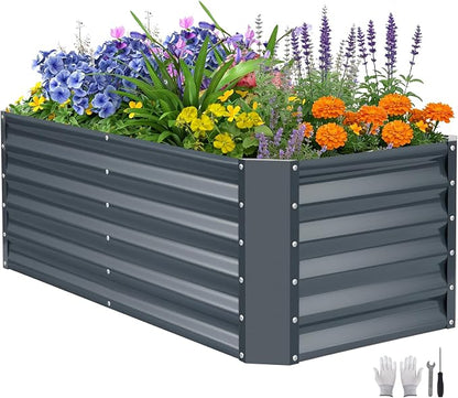 4×2×1.4ft Galvanized Raised Garden Bed Kit, Metal Planter Boxes Outdoor, High Raised Beds for Vegetables, Fruits, and Flowers - IronGrey